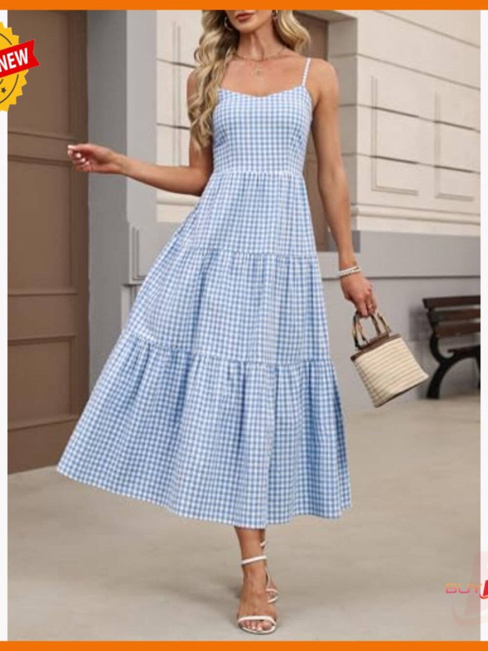 Sleeveless Striped Plaid Midi Maxi Dress, 100% Rayon, Adjustable Straps, Pockets - Picture 3 of 7